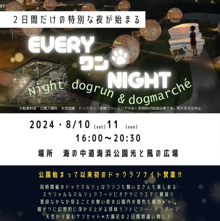 2024年8月10日(土)・8月11日(日)16:00～20:30に、「海の中道海浜公園」内の「光と風の広場」にて「ナイトドッグラン＆ドッグマルシェ（Night dog run ＆ dog marche）」が開催予定です。＜※雨天・荒天時は中止となる予定です＞